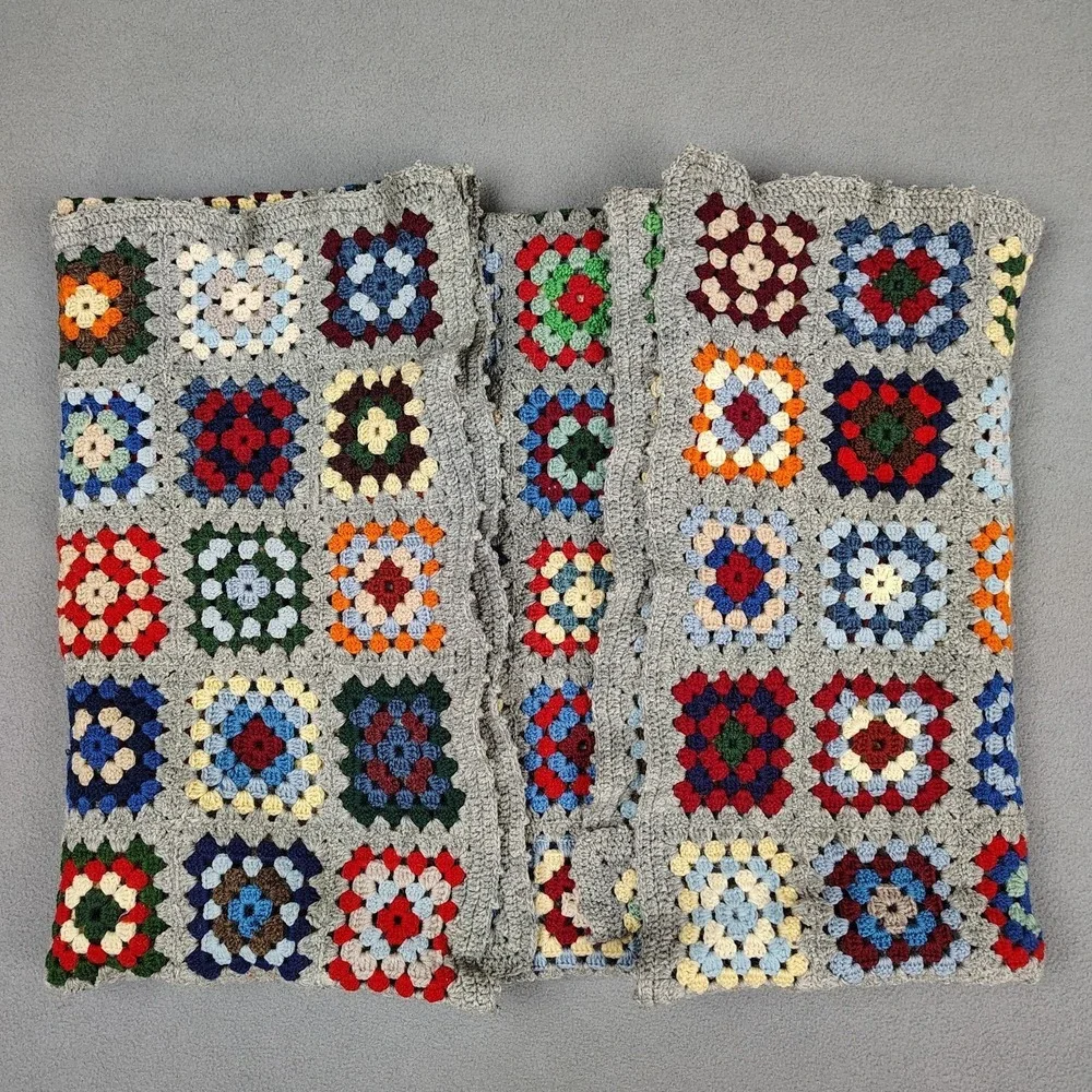 Vintage Granny Square Blanket Crochet Afghan Lap Couch Back 54x41 Gray Border EC